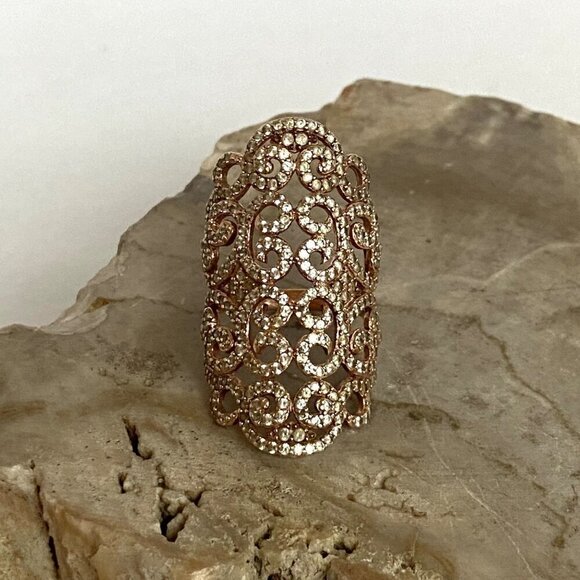 Rose Gold Plated Sterling Silver 925 Scrollwork White Sapphire Ring Sz 6.75 - Picture 11 of 16